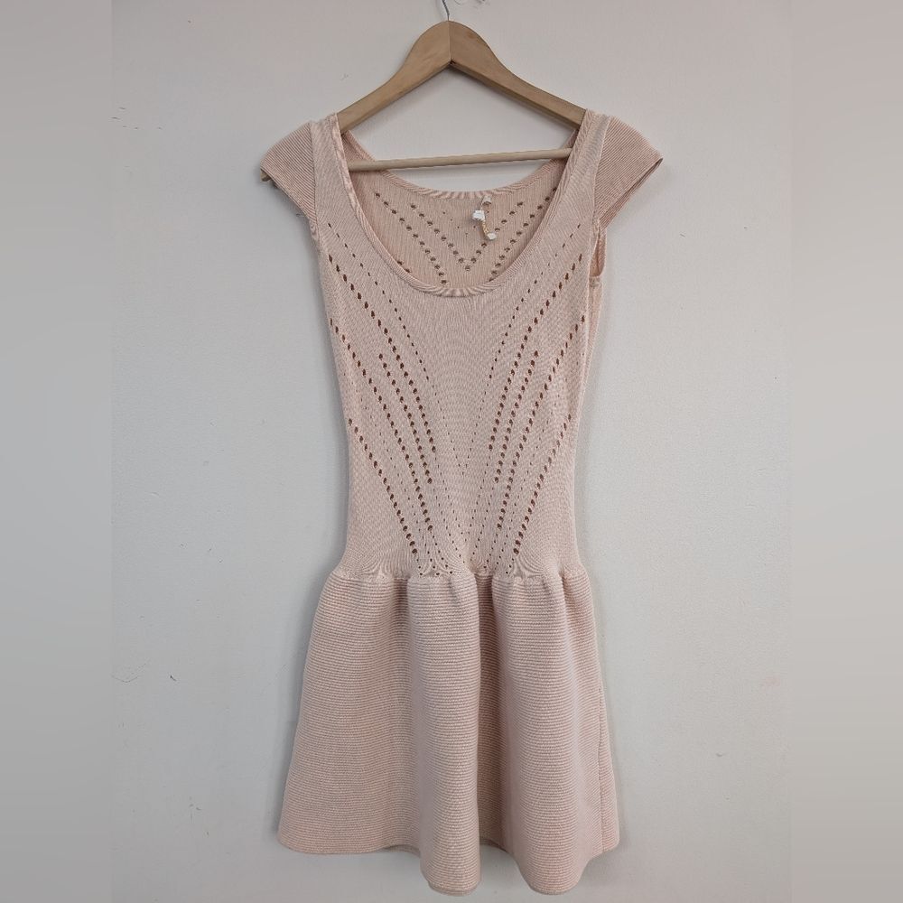 MAJE Knit Fit & Flare Sheer Sweater Dress Blush Khaki Size 1 S Small